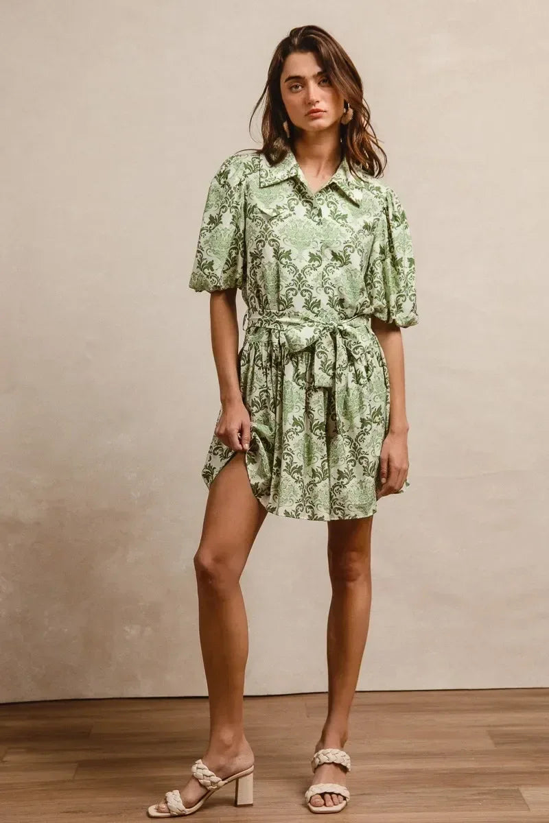 BiBi Tied Floral Short Sleeve Mini Shirt Dress - DAVERRI FASHIONS