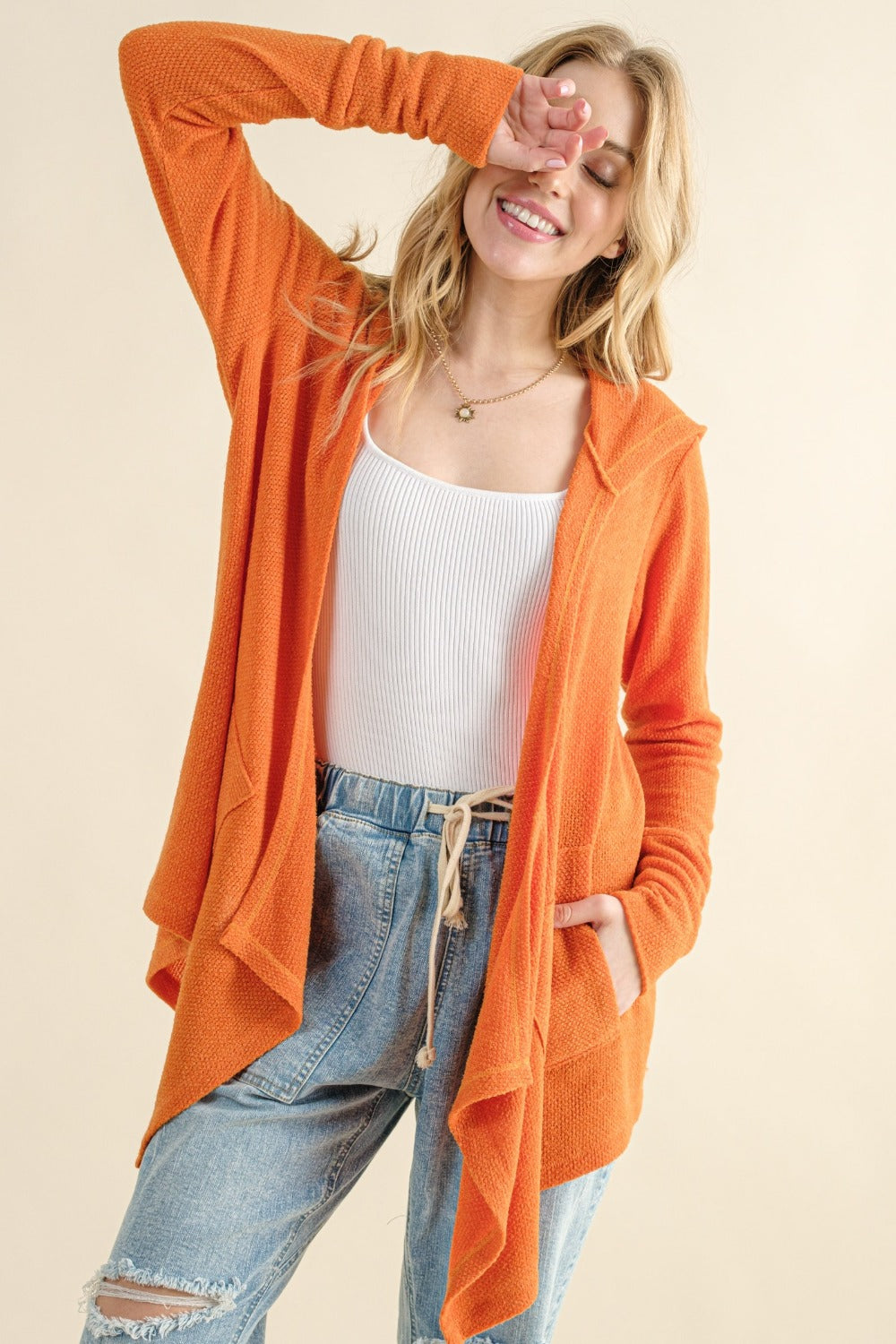 Thermal Hooded Open Front Cardigan Tops