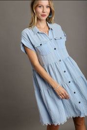 Umgee Frayed Hemline Button Down Shirt Dress Mini Dresses