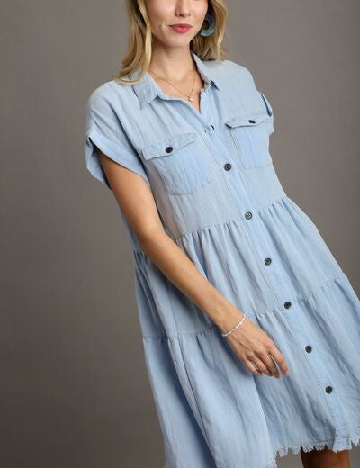 Umgee Frayed Hemline Button Down Shirt Dress Mini Dresses