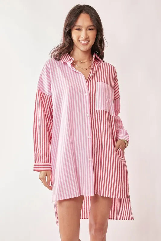 Davi & Dani Multi Color Stripe Mixed Button Front Tunic Shirt Dress Mini Dresses