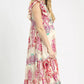 Umgee Boho Border Print Ruffle Midi Dress in pink cream floral paisley with ruffles