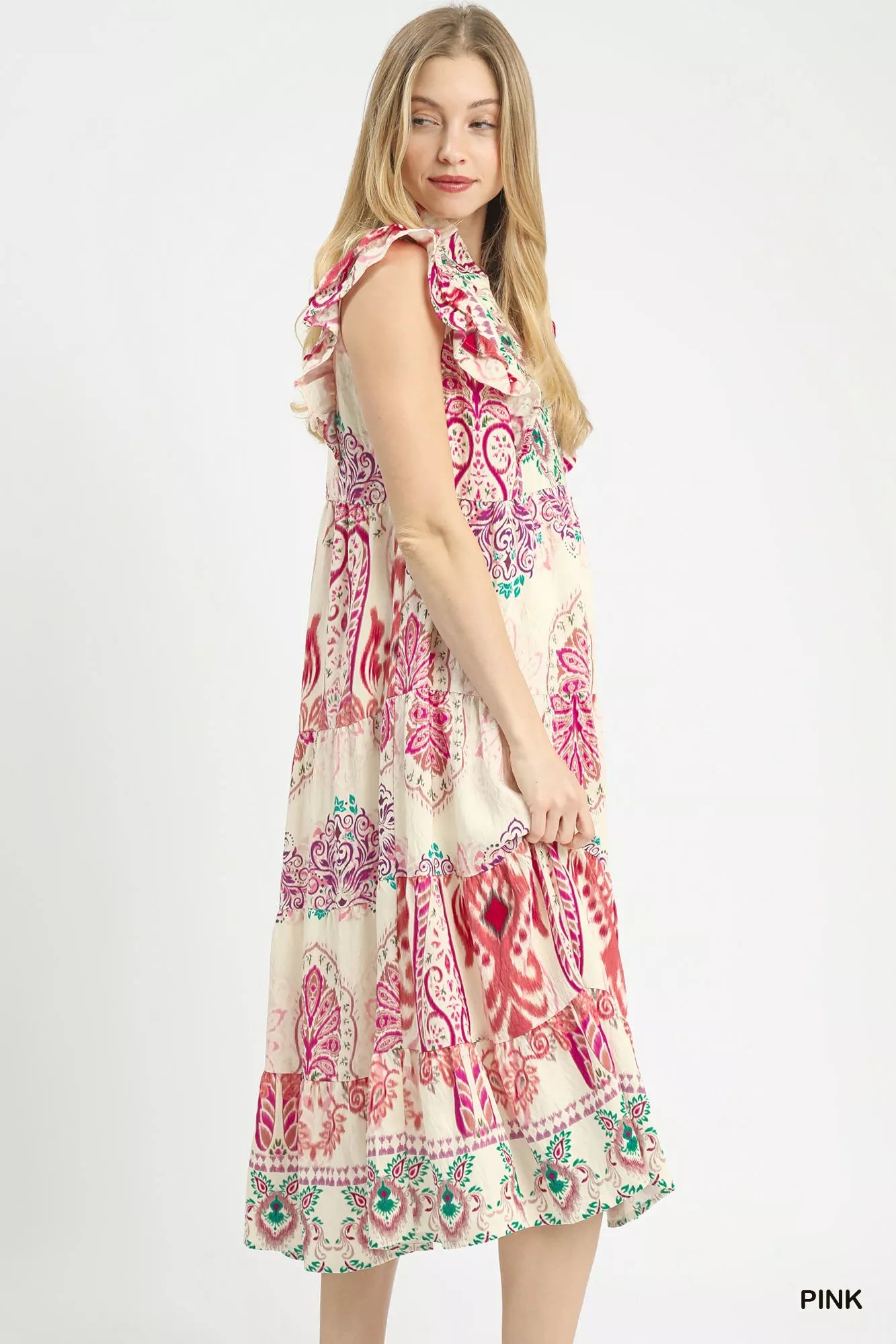 Umgee Boho Border Print Ruffle Midi Dress in pink cream floral paisley with ruffles