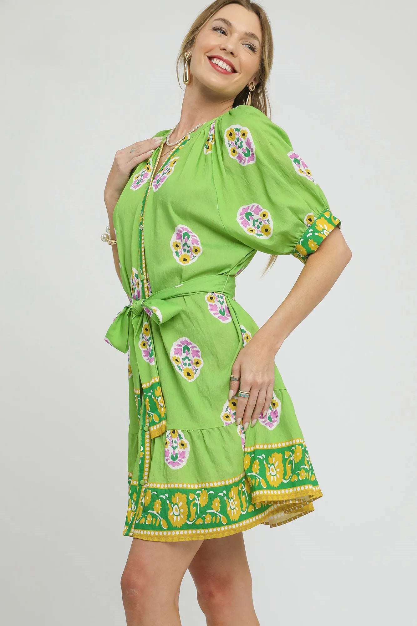 Umgee Floral Print Tie Waist Short Sleeve Dress Mini Dresses