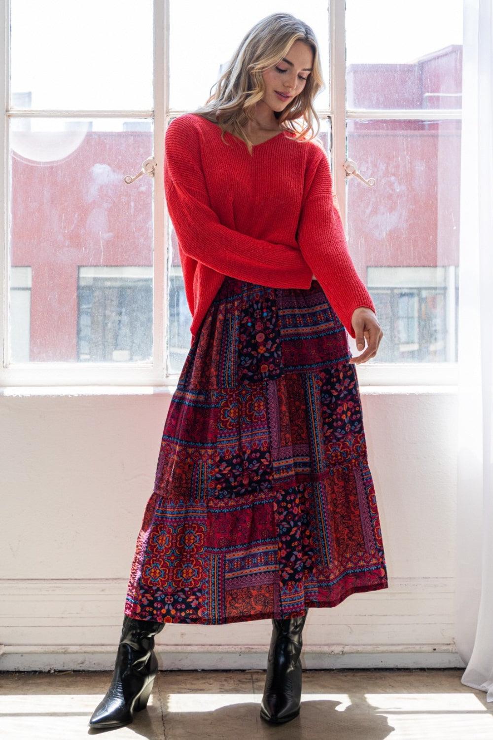 Red S ODDI Full Size Printed Tiered Maxi Skirt | Skirts Daverri Fashions