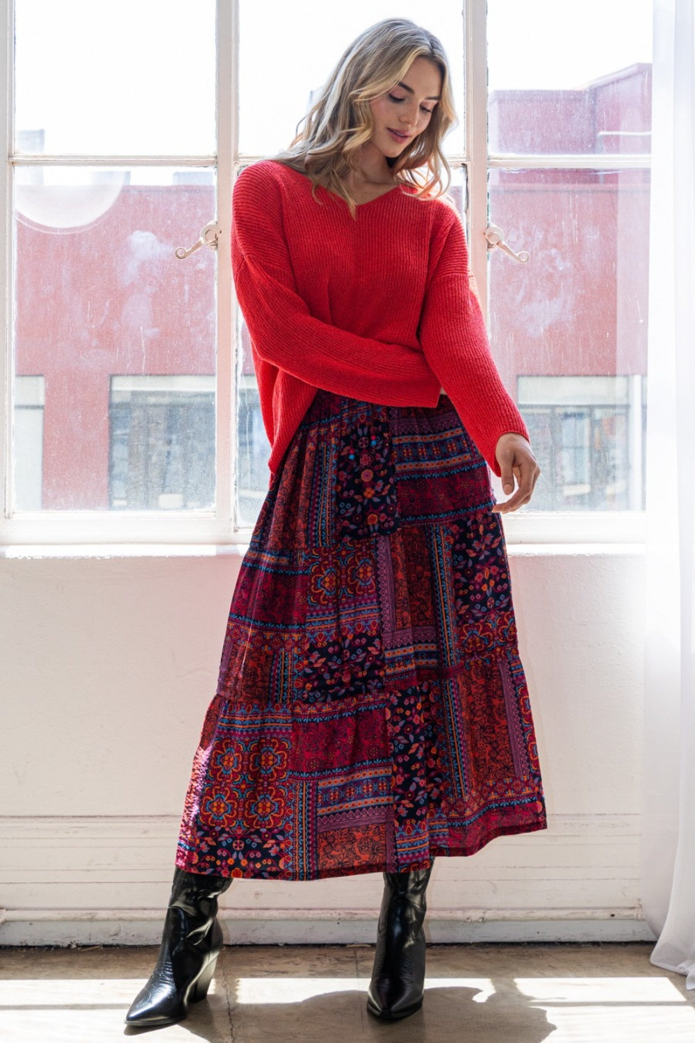 ODDI Full Size Printed Tiered Maxi Skirt Red Skirts