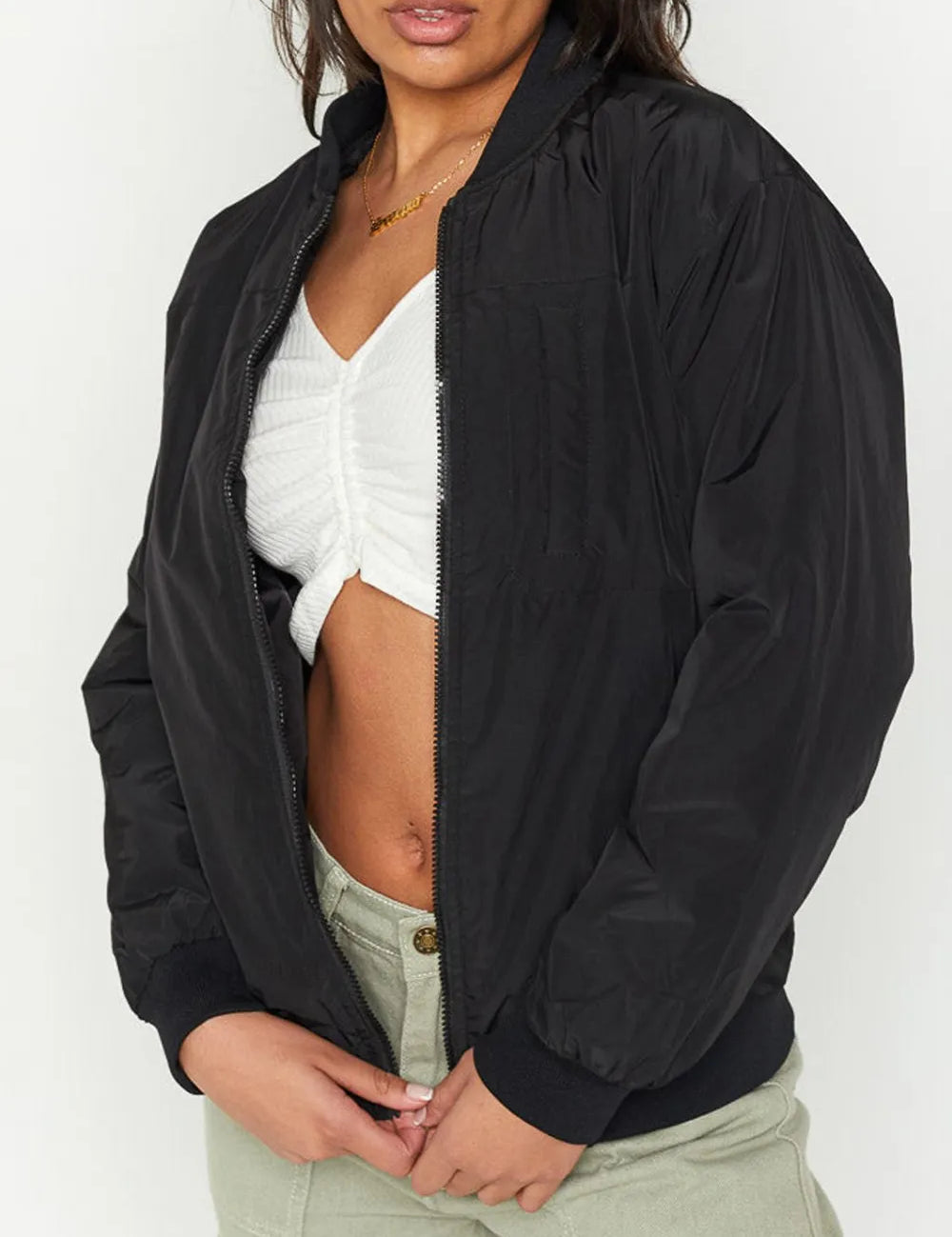 Black Zip Up Baseball Collar Jacket with Pockets | Jackets Daverri Fashions
