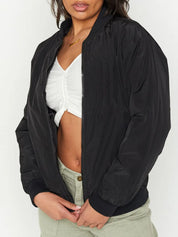 Black Zip Up Baseball Collar Jacket with Pockets | Jackets Daverri Fashions