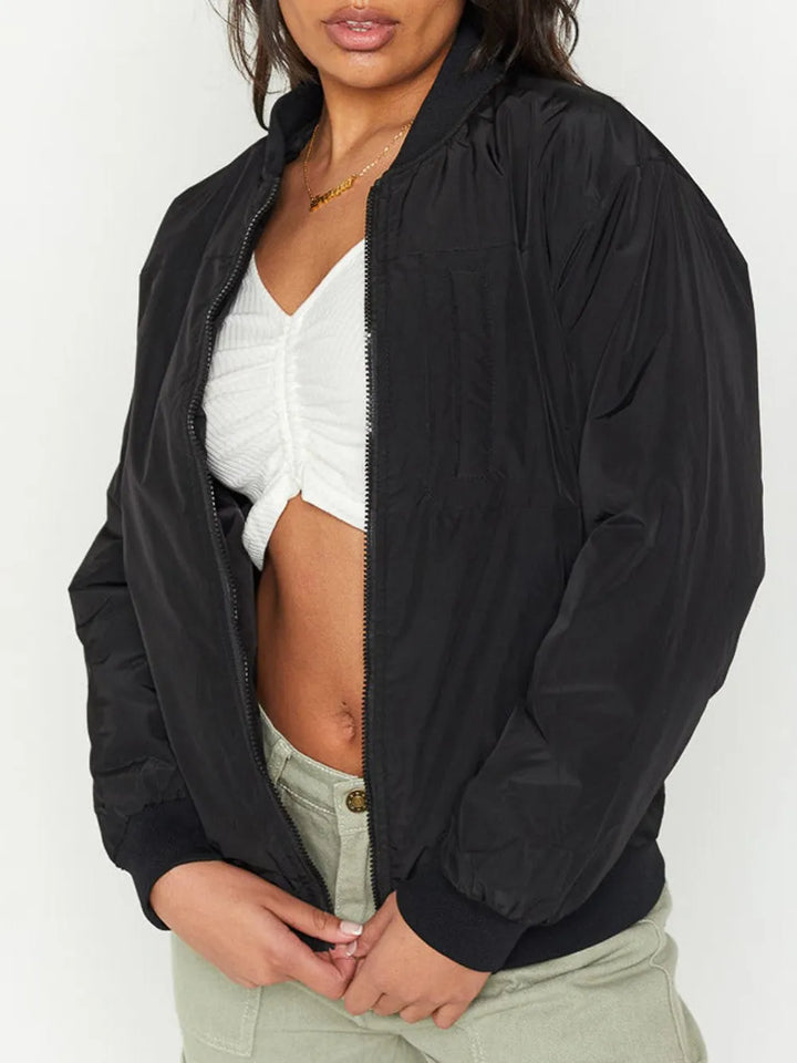 Black Zip Up Baseball Collar Jacket with Pockets | Jackets Daverri Fashions