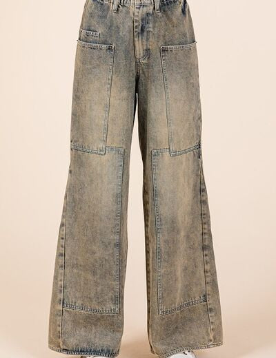 Mittoshop Washed Wide Leg Jeans with Pockets Mud Denim