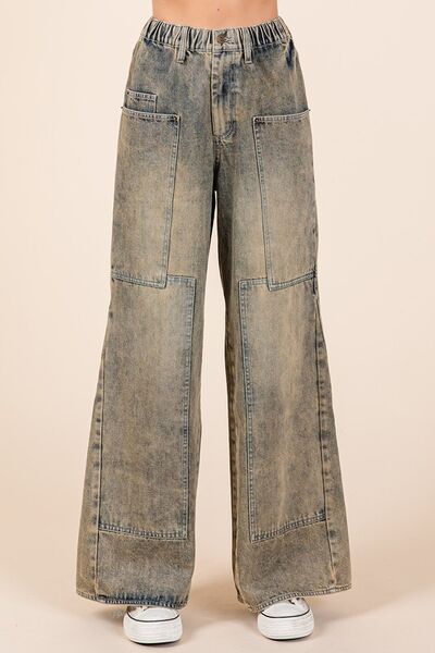 Mittoshop Washed Wide Leg Jeans with Pockets Mud Denim