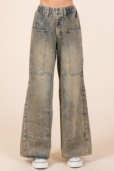 Mittoshop Washed Wide Leg Jeans with Pockets - DAVERRI FASHIONS