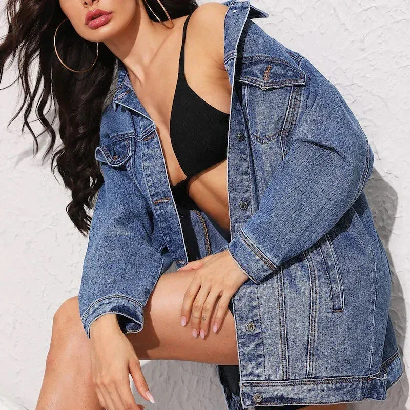 Long Sleeve Denim Jacket - DAVERRI FASHIONS