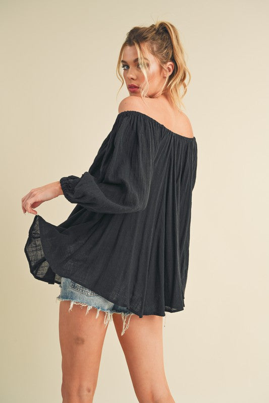 Aemi + Co Off-Shoulder Balloon Sleeve Blouse Black Blouses