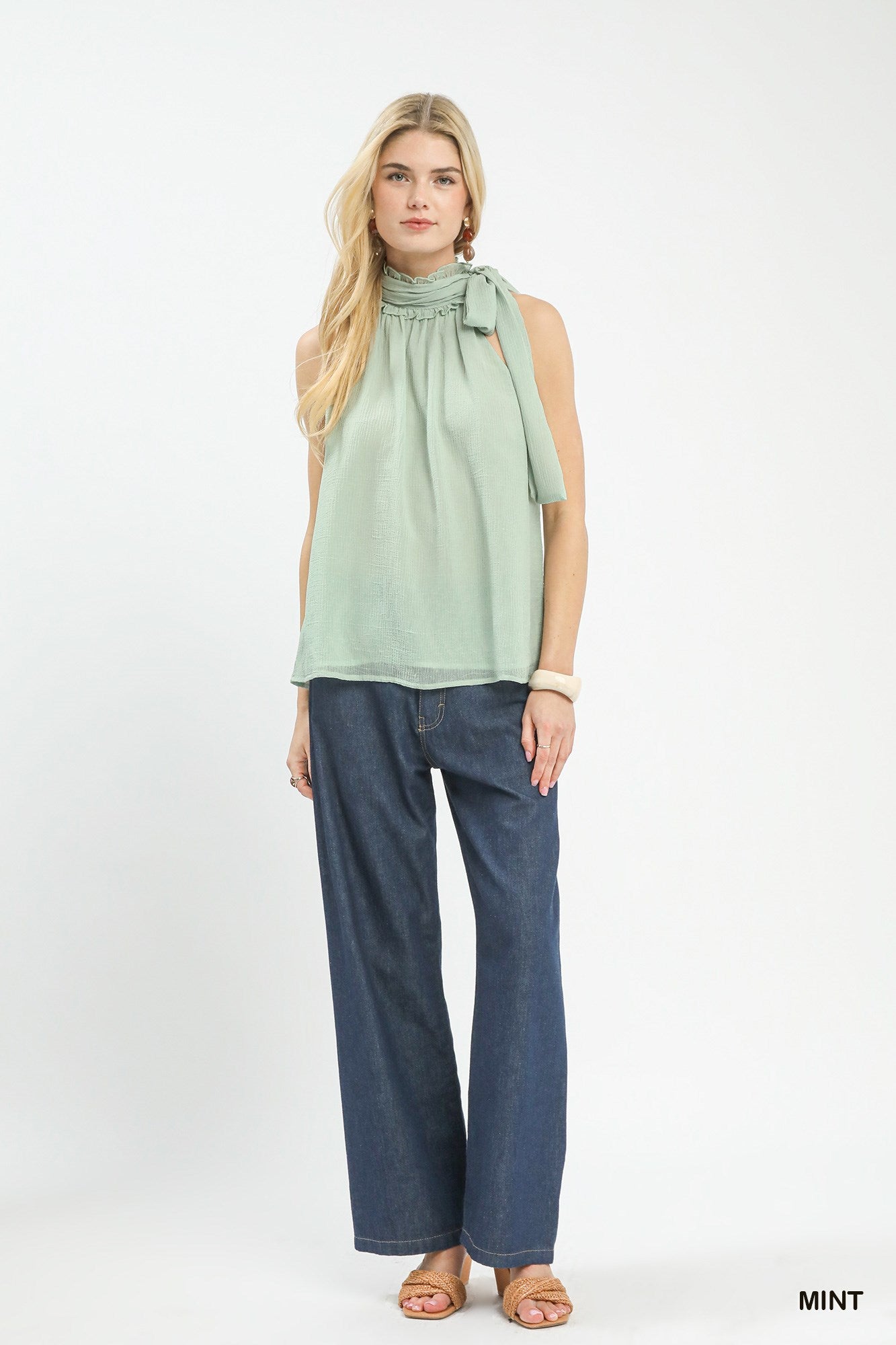 Umgee mint chiffon halter tie neck sleeveless top, gathered neckline