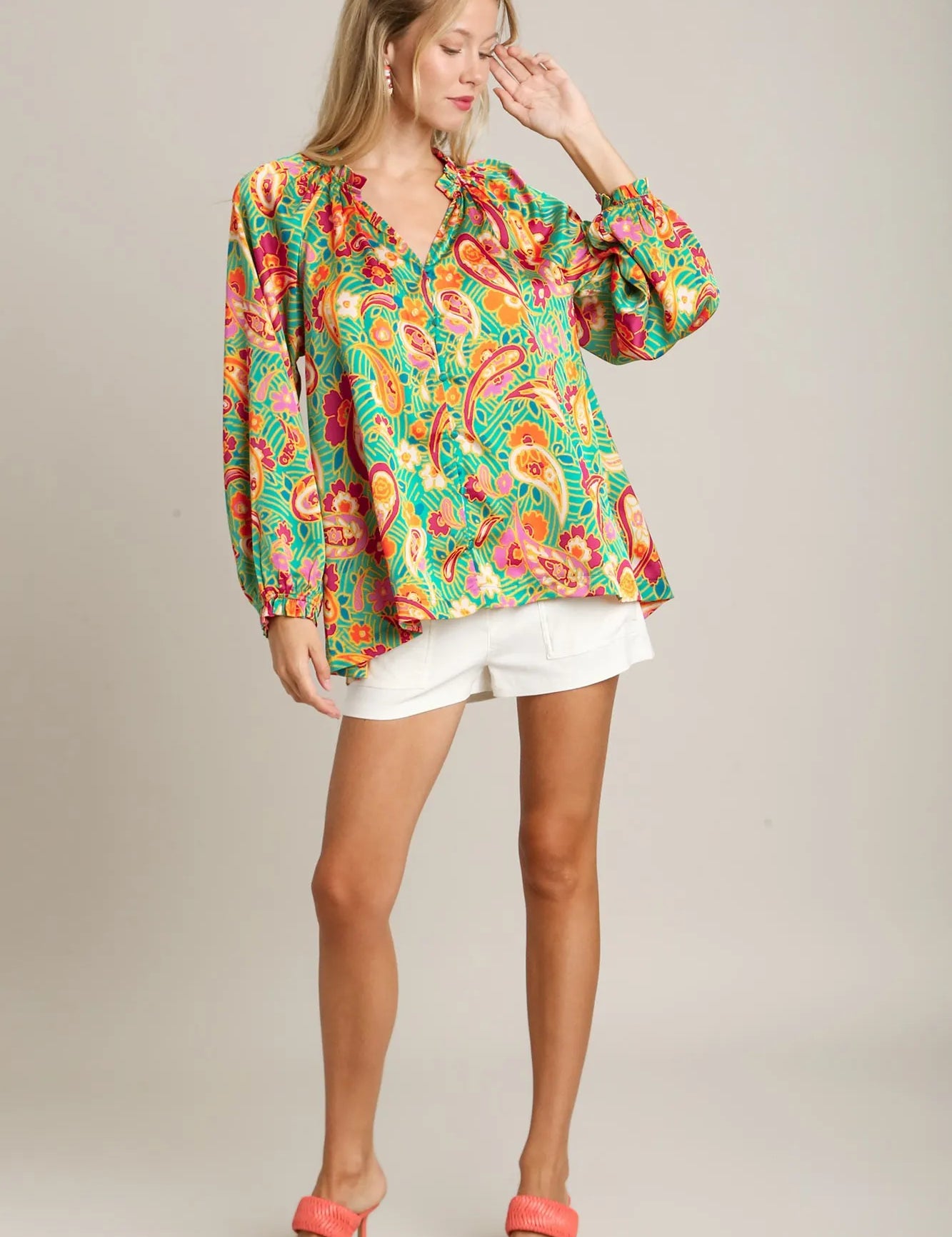 Umgee Satin Paisley Ruffle Neck Button-Up Shirt | Blouses Daverri Fashions