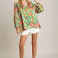 Umgee Satin Paisley Ruffle Neck Button-Up Shirt Blouses