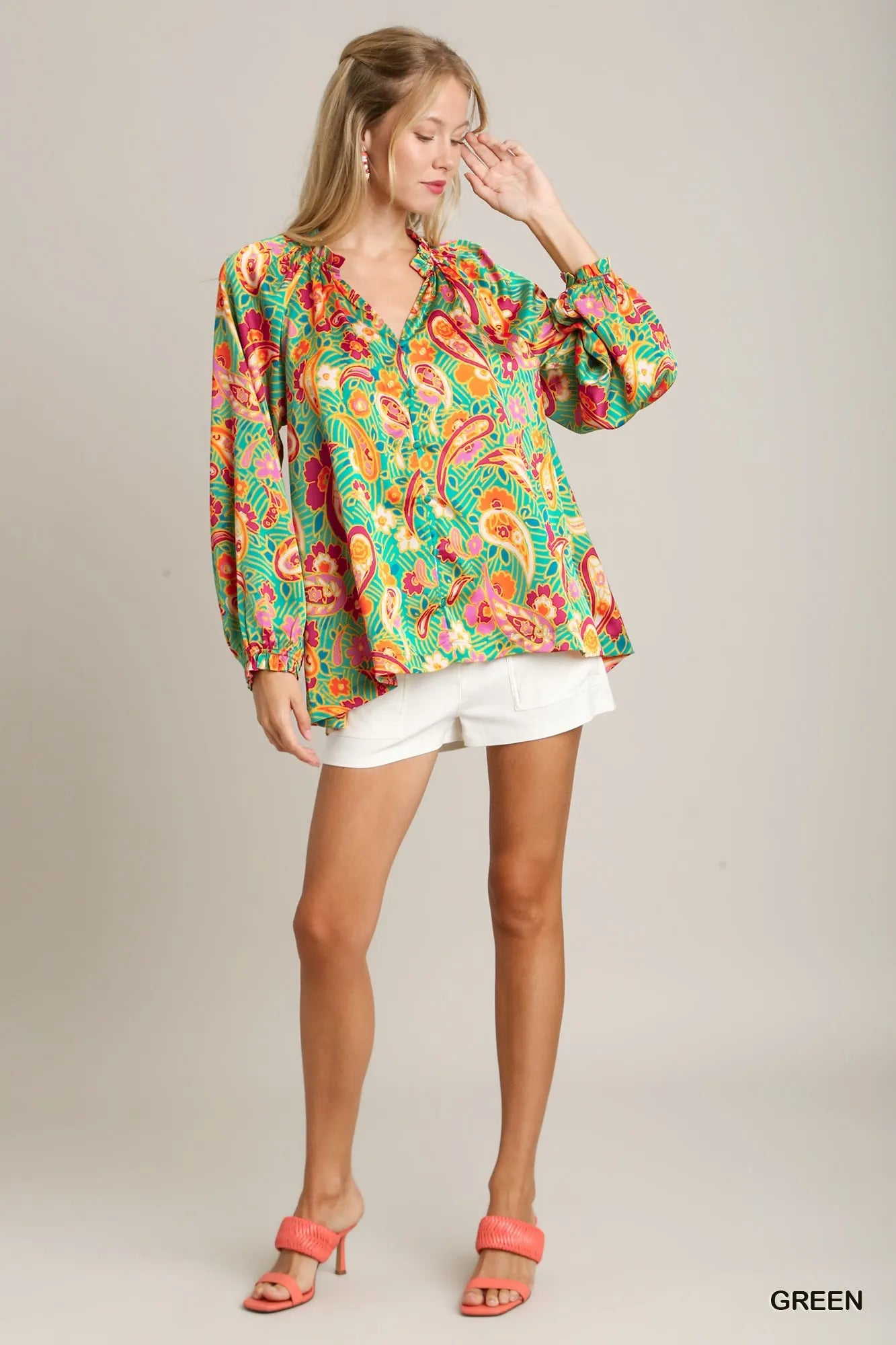 Umgee Satin Paisley Ruffle Neck Button-Up Shirt Blouses
