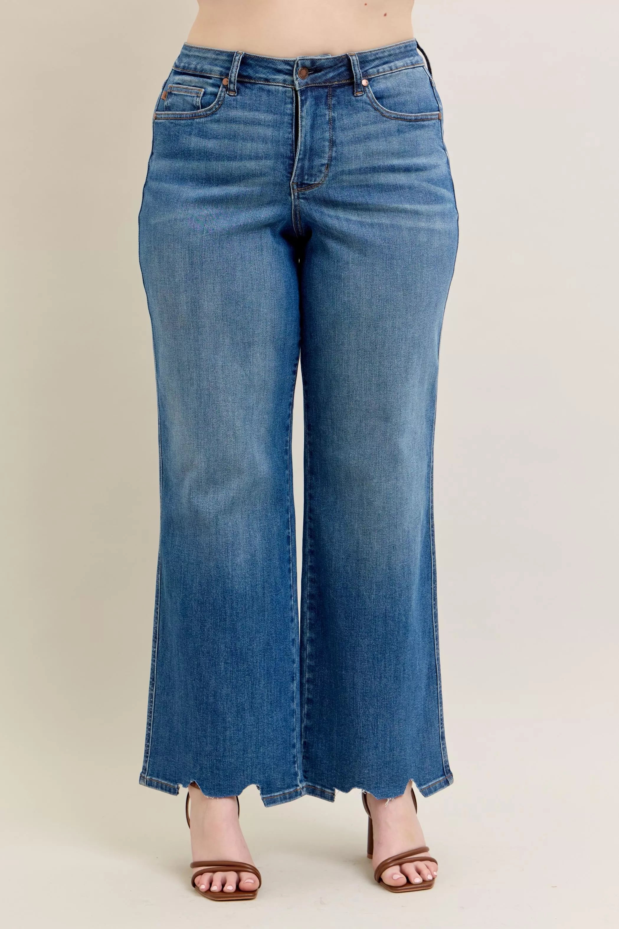 Judy Blue Full Size High Waist Tummy Control Chew Hem Destroy Wide Jeans Plus Size | Jeans Daverri Fashions