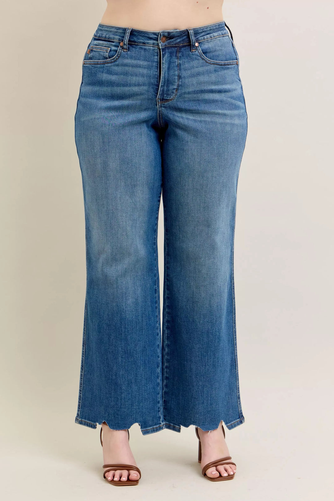 Judy Blue Full Size High Waist Tummy Control Chew Hem Destroy Wide Jeans Plus Size | Jeans Daverri Fashions