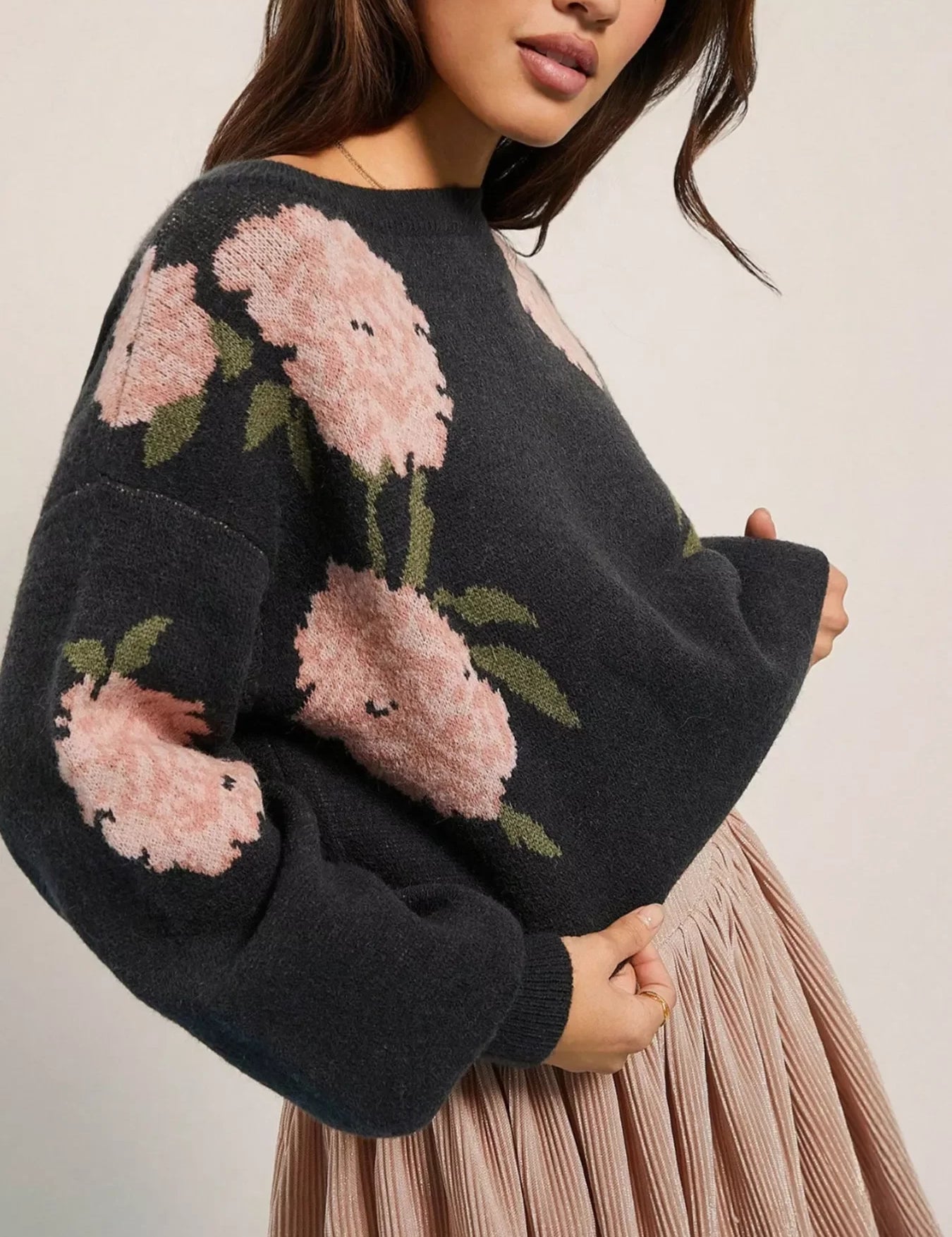 Black floral boat neck long sleeve sweater with pink flowers