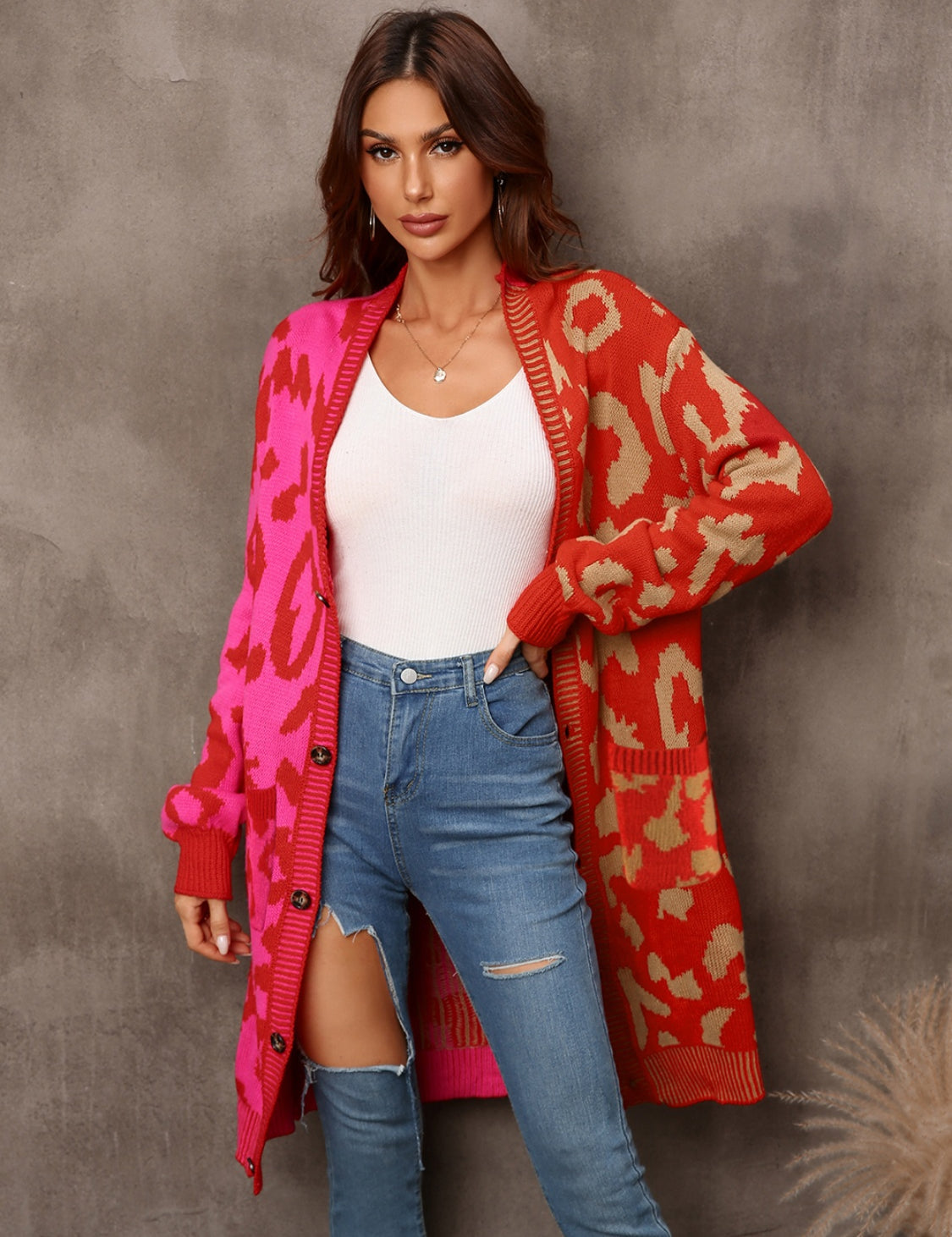 Brick Red Angel Wings Leopard Button Down Longline Cardigan | Cardigans Daverri Fashions