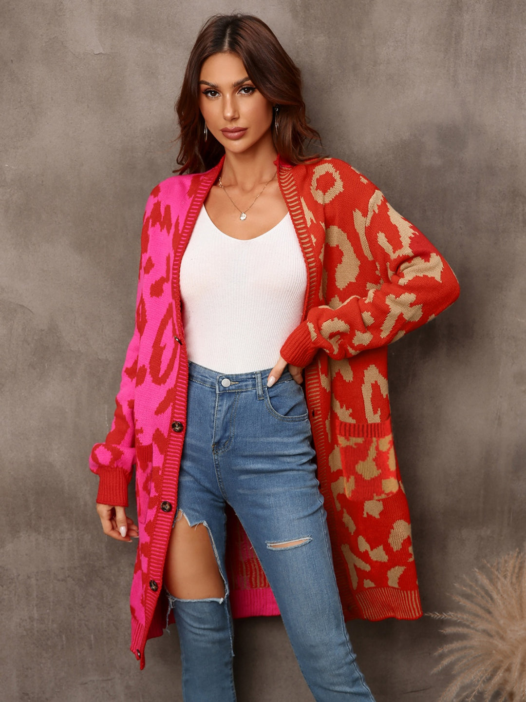 Brick Red Angel Wings Leopard Button Down Longline Cardigan | Cardigans Daverri Fashions