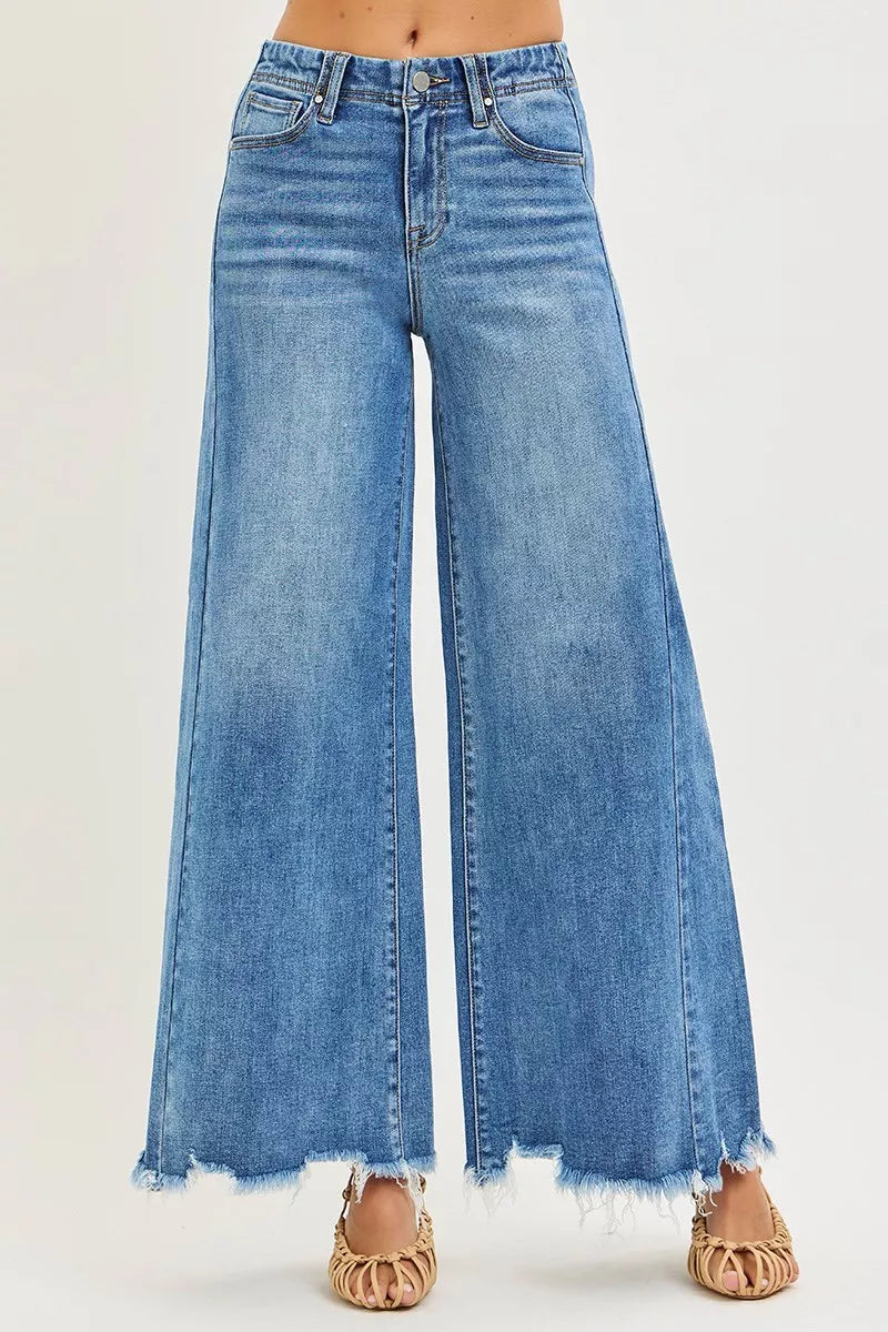 RISEN High Rise Ankle Wide Jeans in blue denim with frayed hem