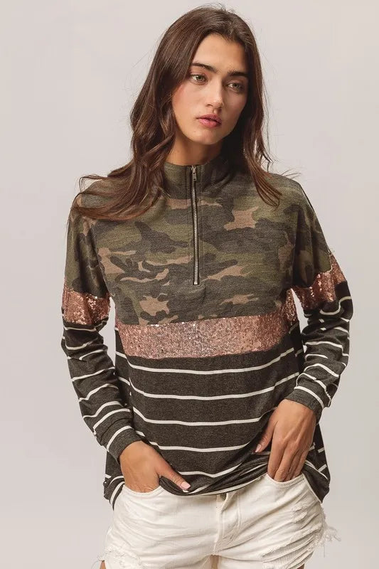 BiBi Camouflage French Terry Knit Top