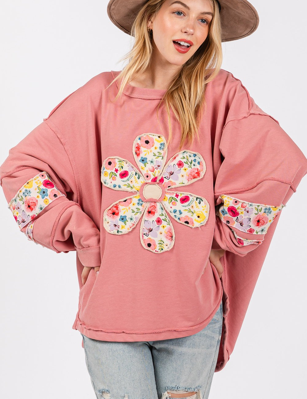 SAGE + FIG Daisy Patch Applique Long Sleeve Sweatshirt