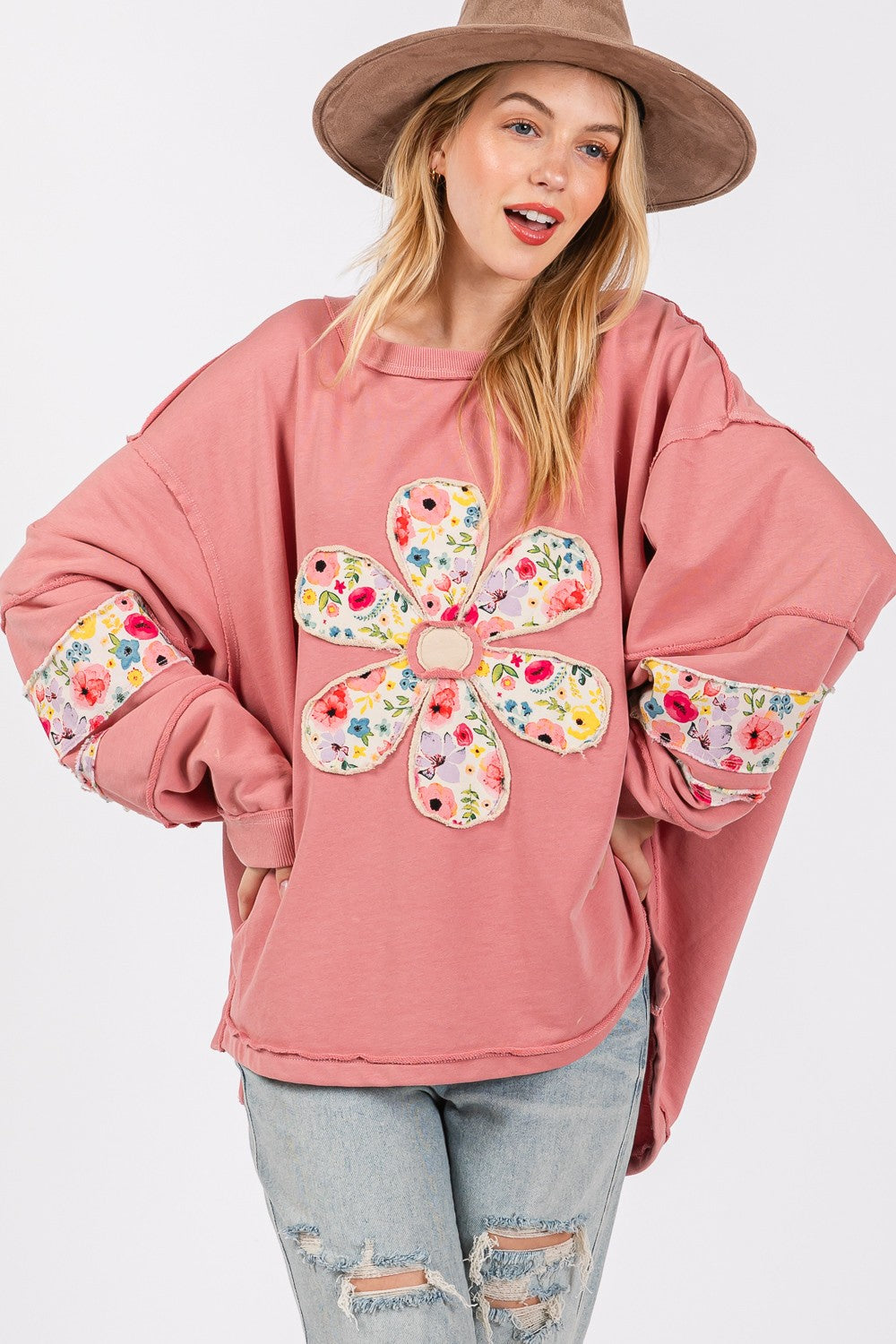 SAGE + FIG Daisy Patch Applique Long Sleeve Sweatshirt