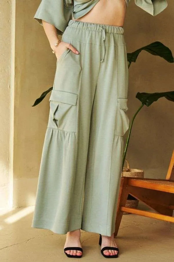 Light green Davi & Dani wide-leg cargo pants with drawstring ruched elastic waistband and tiered hem