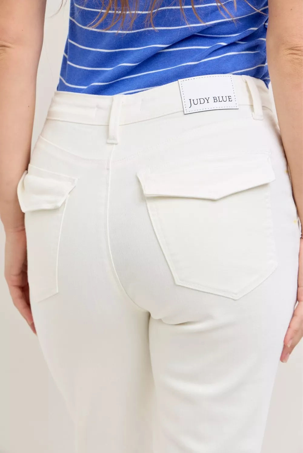 Judy Blue high waist white denim jeans with patch pockets and brand label