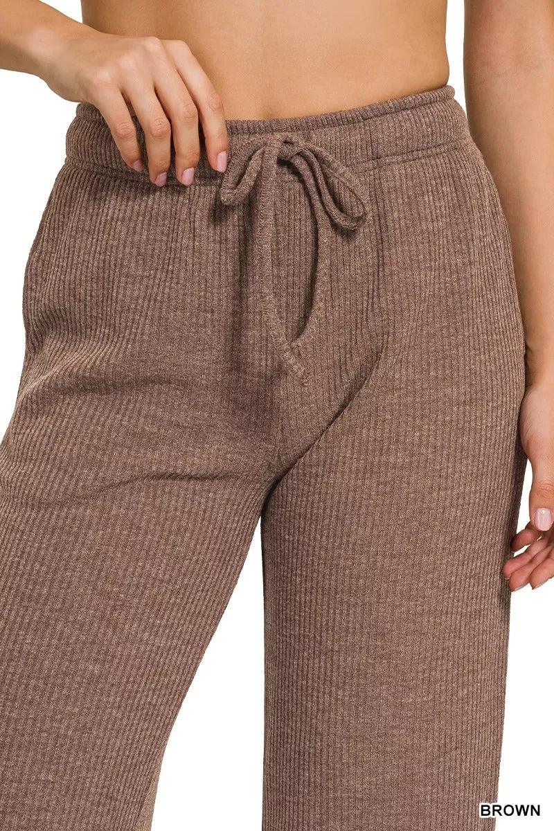 Ribbed Drawstring Lounge Pants Brown - DAVERRI FASHIONS