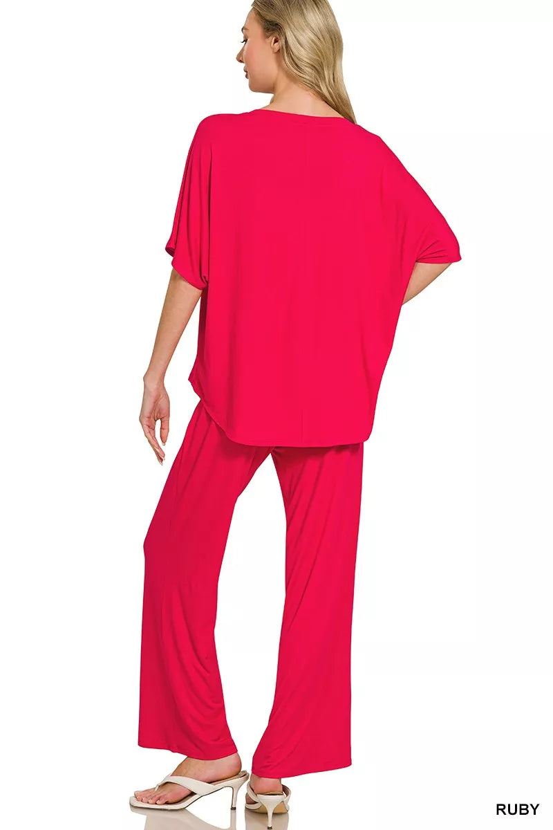 Zenana V-neck oversized ruby-red loungewear set with wide-leg pants