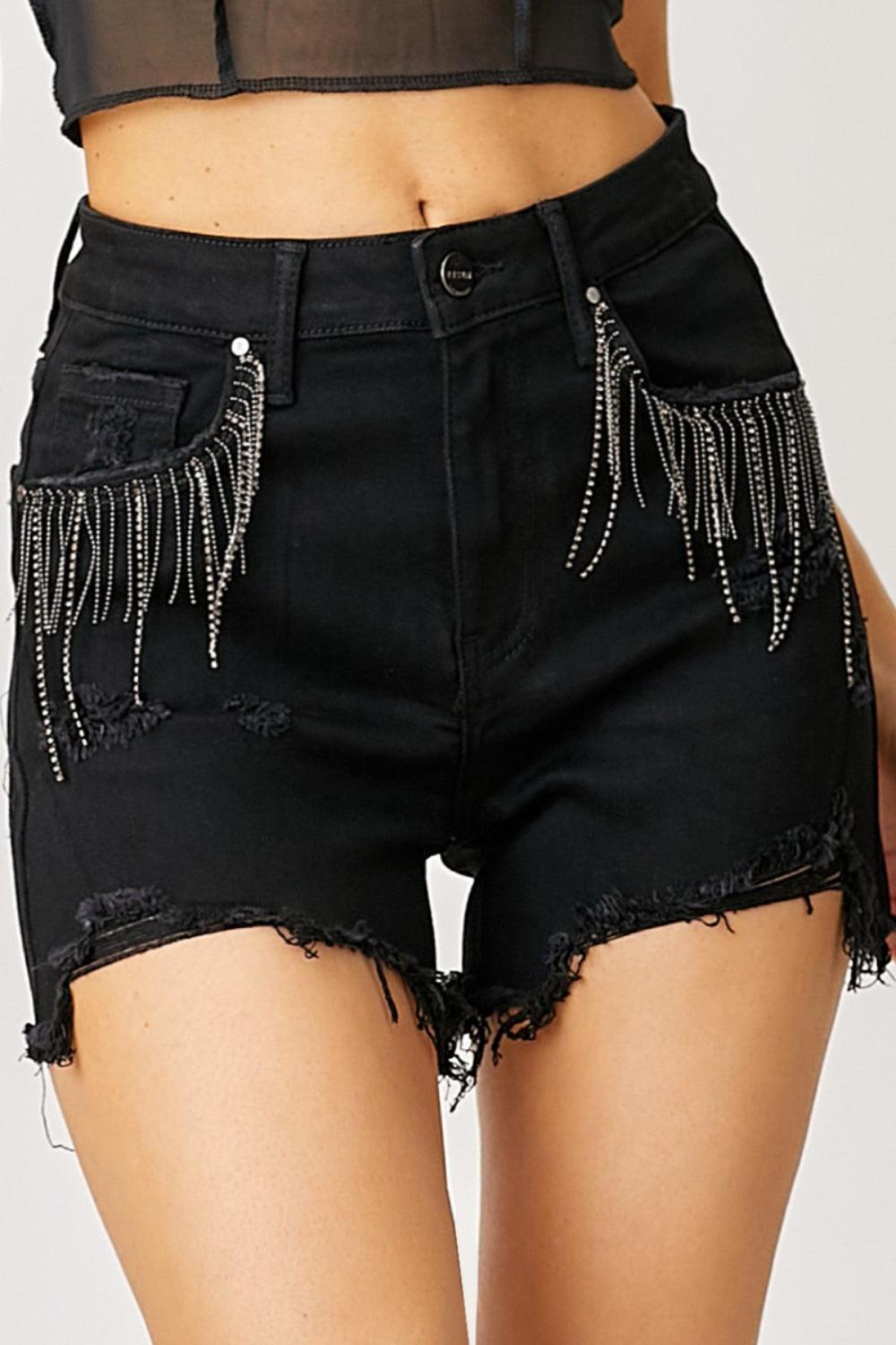 RISEN Frayed Hem Denim Shorts with Fringe Detail Pockets Shorts