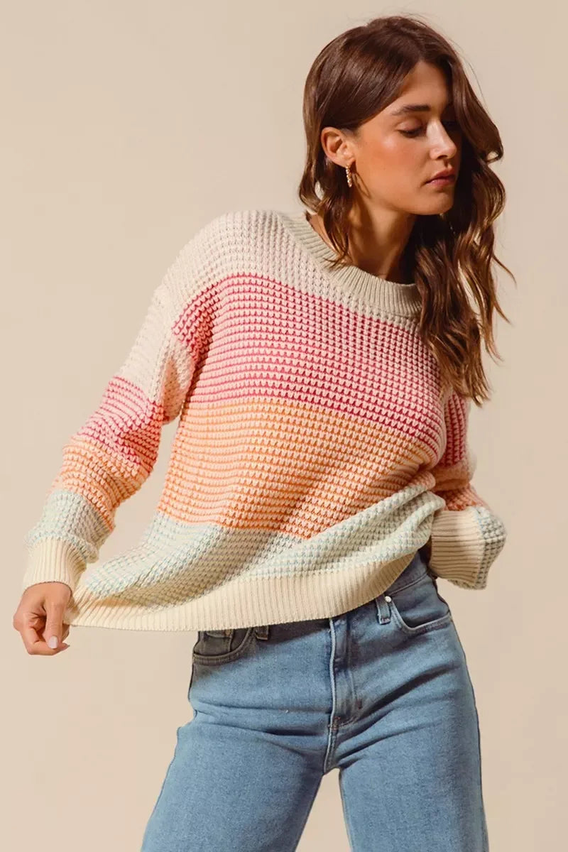 SO ME Multi Color Block Long Sleeve Sweater - DAVERRI FASHIONS