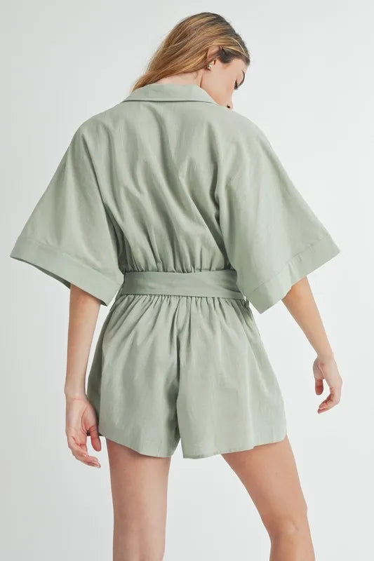 MABLE Embroidered Button Down Collared Neck Romper Rompers