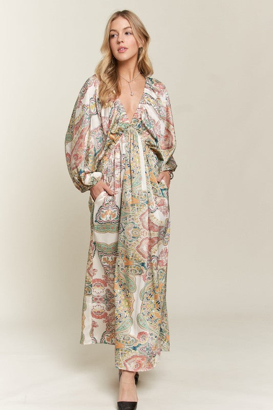 ADORA Printed V-Neck Batwing Sleeve Dress