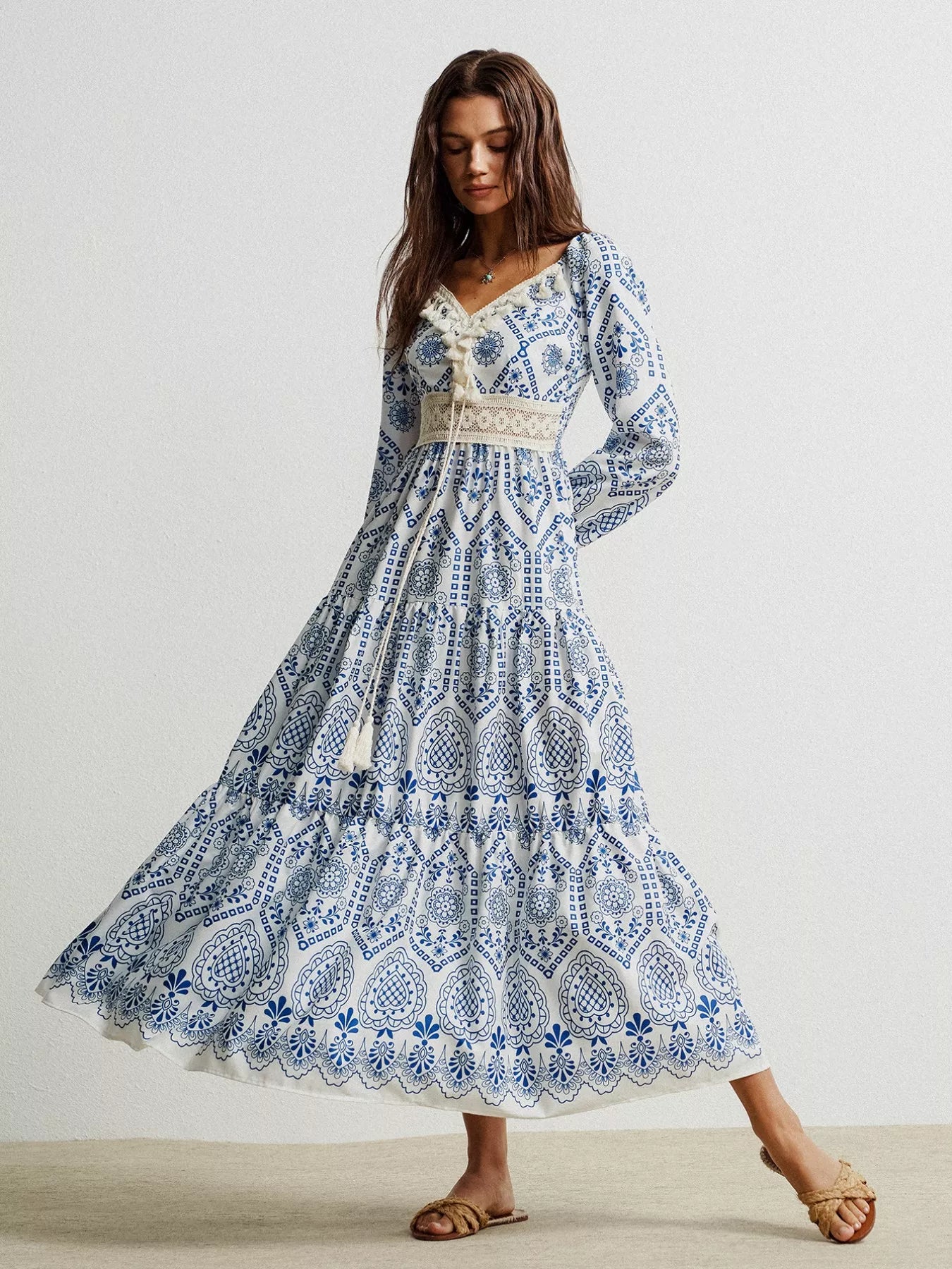 Blue and white embroidered maxi dress with lace trim, Anthropologie