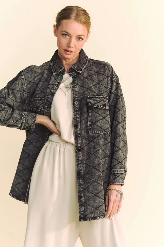 Davi & Dani Curved Hem Diamond Quilted Button Up Denim Shacket | Shackets Daverri Fashions