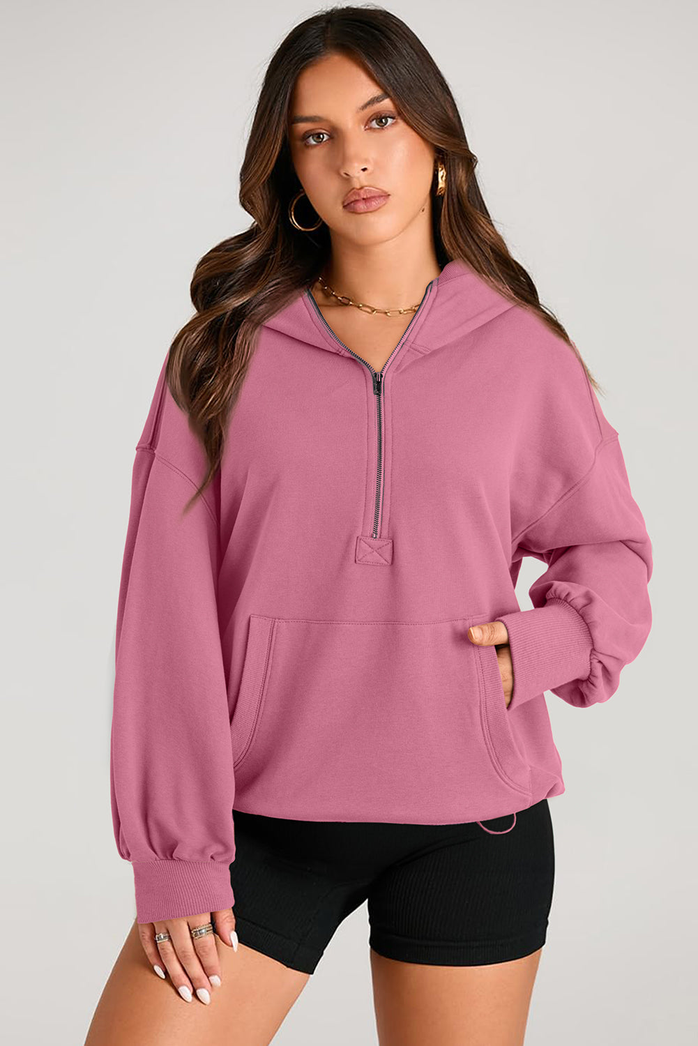 Pocketed Half Zip Long Sleeve Hoodie Tops