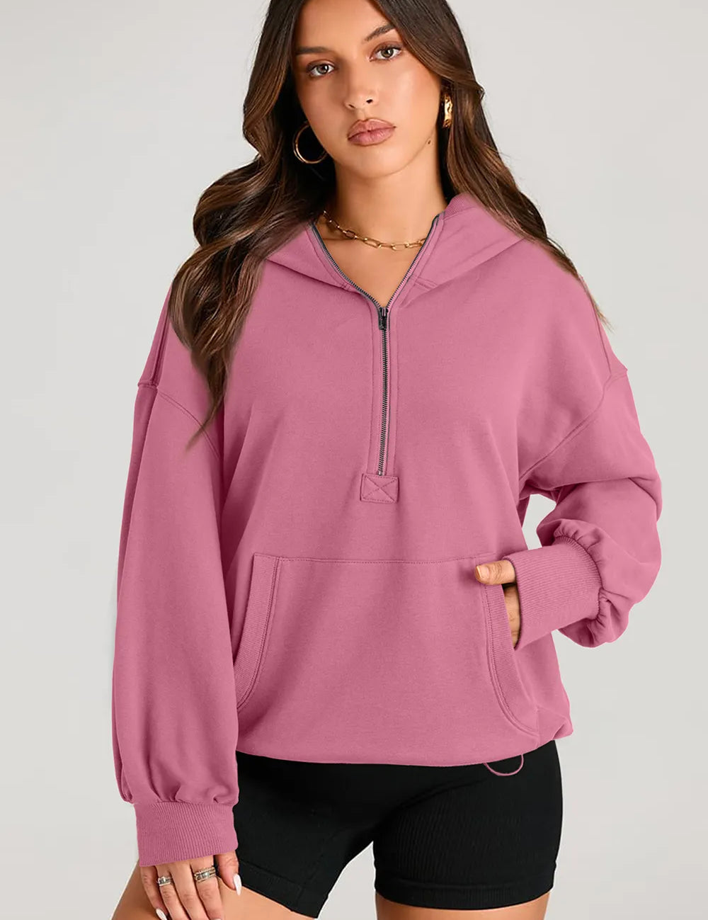 Pocketed Half Zip Long Sleeve Hoodie | Hoodies Daverri Fashions