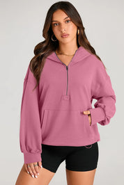 Pocketed Half Zip Long Sleeve Hoodie | Hoodies Daverri Fashions
