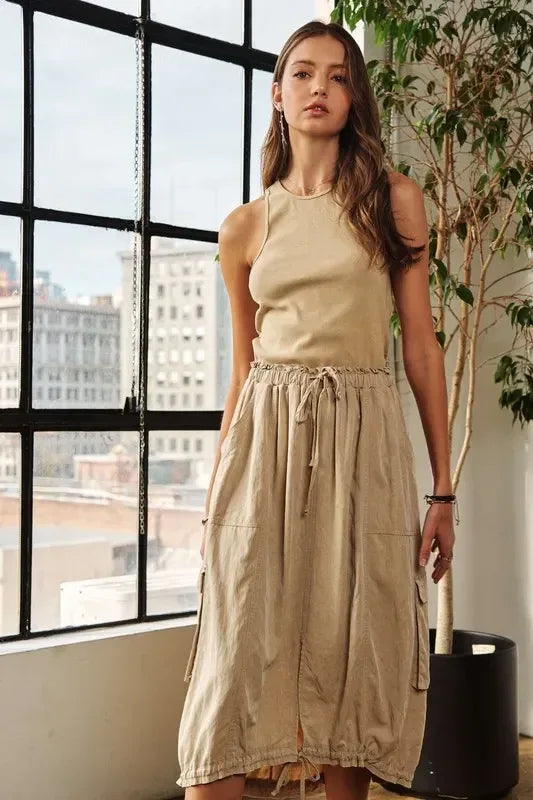 ADORA Drawstring Sleeveless Washed Dress - DAVERRI FASHIONS