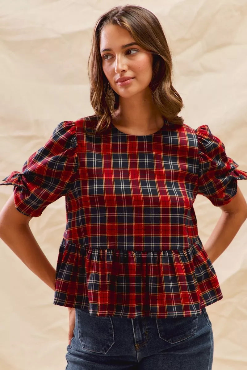 SO ME Christmas Holiday Plaid Ribbon Short Sleeves Top | Blouses Daverri Fashions