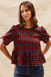 SO ME Christmas Holiday Plaid Ribbon Short Sleeves Top | Blouses Daverri Fashions