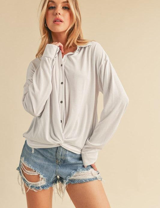 White Aemi + Co Twisted Hemline Button Detail Collared Neck Top | Tops Daverri Fashions