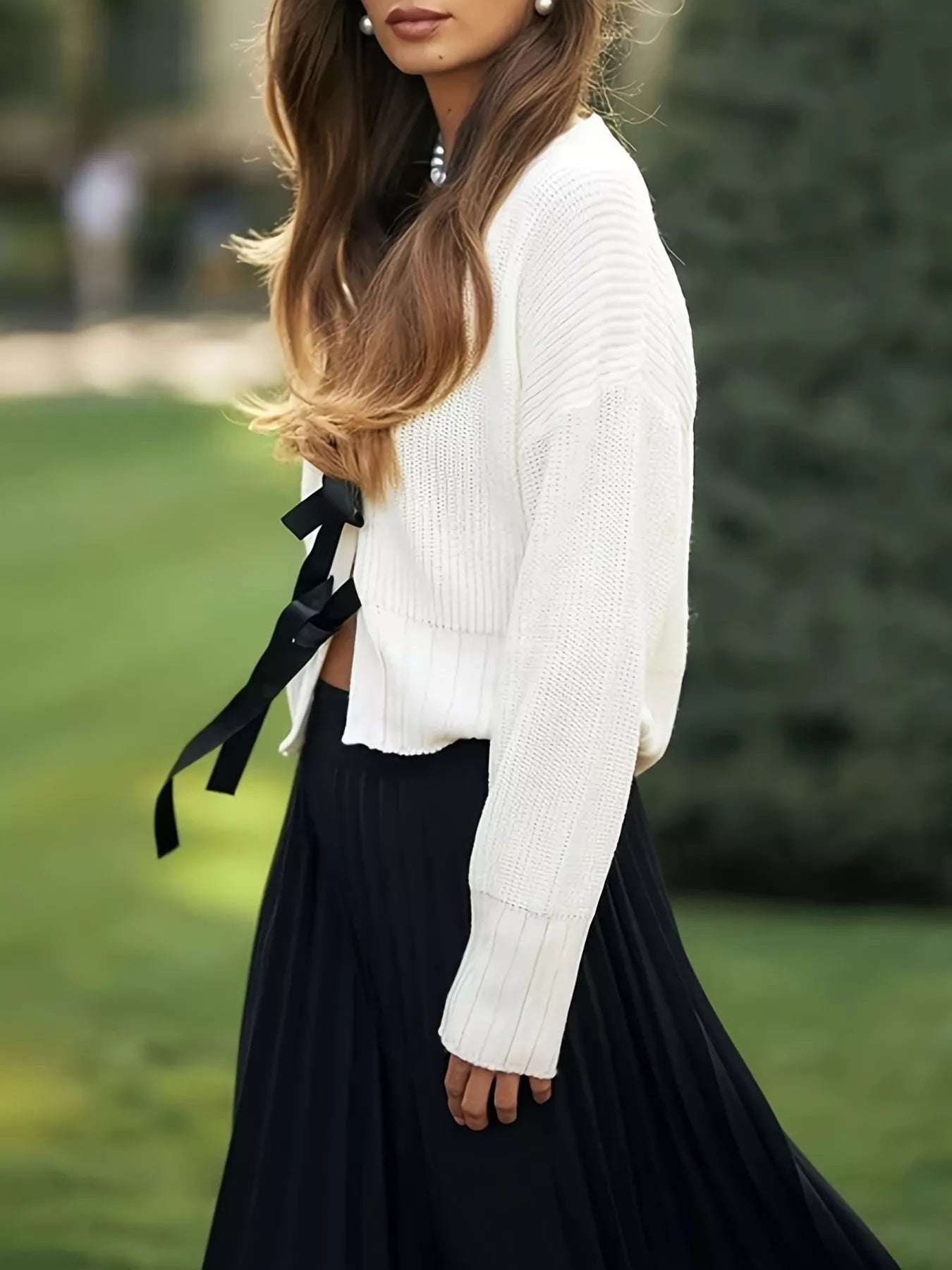 White ribbed knit Tie Front Knit Cardigan with black waist ribbon tie