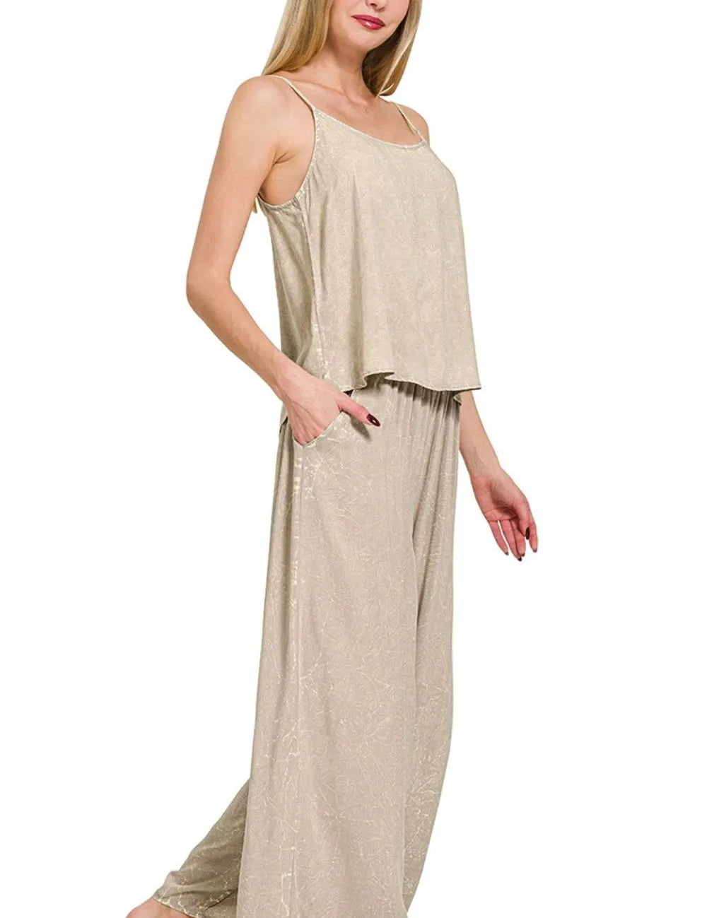 Zenana Ash Mocha Woven Acid Crinkle Washed Cami & Pants 2 Piece Set | Outfit Sets Daverri Fashions